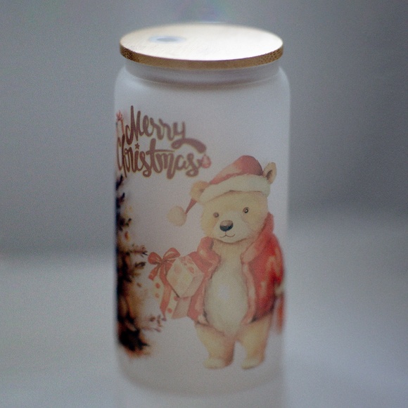 Merry Christmas Glasses cup 16 oz glass cup with Straw & Bamboo Lid. - Picture 4 of 8